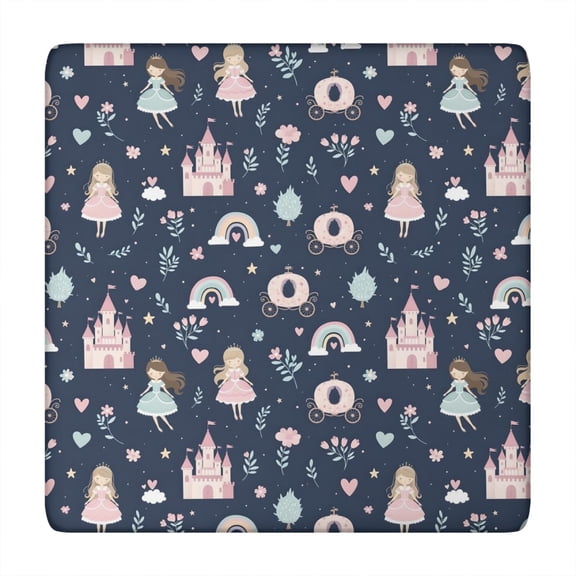 Navy Princess Castle Pattern Square Fitted Tablecloth with Elastic Edge,Square Table Cover,Washable Elastic Table Cover for Home Kitchen Party Decor 34"x34"