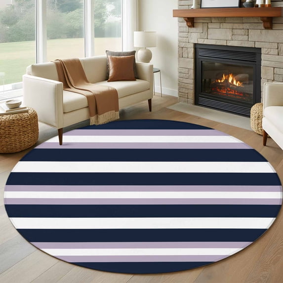 Navy Purple Stripe Round Living Room Rugs 8 ft, Modern Abstract Washable Large Area Rug with Non-Slip Sturdy Edge Binding Round Carpet for Dining Room Kitchen Office