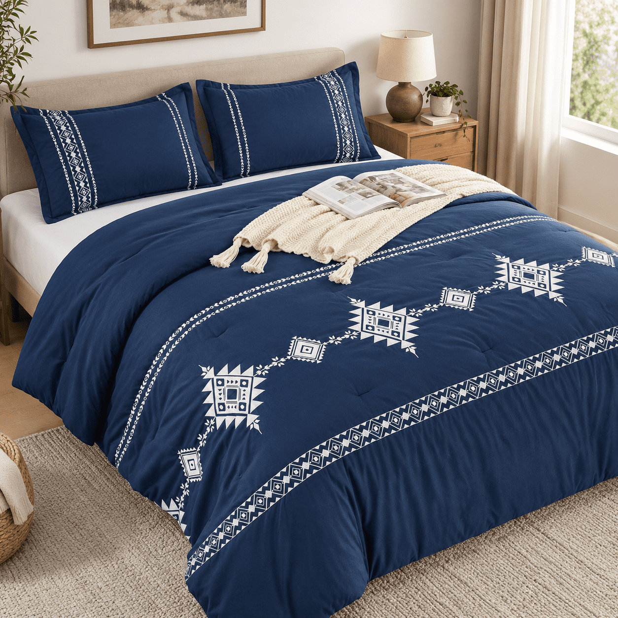 Navy Queen 3-Piece Boho Embroidered Microfiber Comforter Bedding Set ...