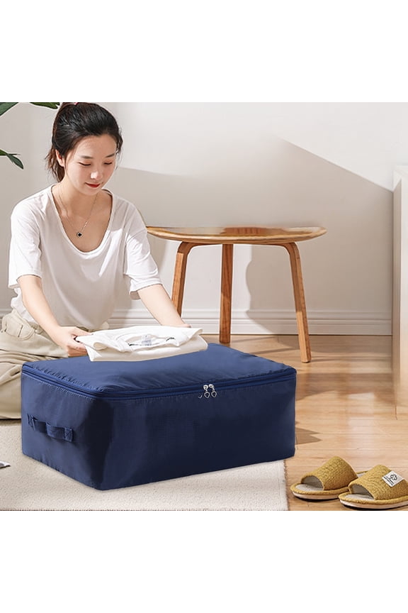 Navy Quilt Storage Bag - Heavy Duty Clothes Blanket Organizer with Zipper - Large Capacity Moving Box for Luggage, Travel, Closet - 21.65x13.78x7.87 inches