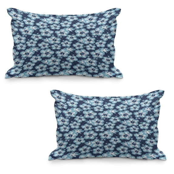 Navy Quilted Pillowcover Set of 2, Hibiscus Hawaiian Tropical Island Flowers Petals and Buds Leaves Art Print, Standard Queen Size Pillow Cover Bedroom, 30" x 20", Dark Blue and Sky Blue, by Ambesonne
