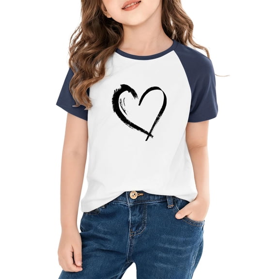 Navy Raglan Short Sleeve Shirt for Girls - Soft Stretch Heart Graphic Casual Tee 4-12Y,Size 13 T