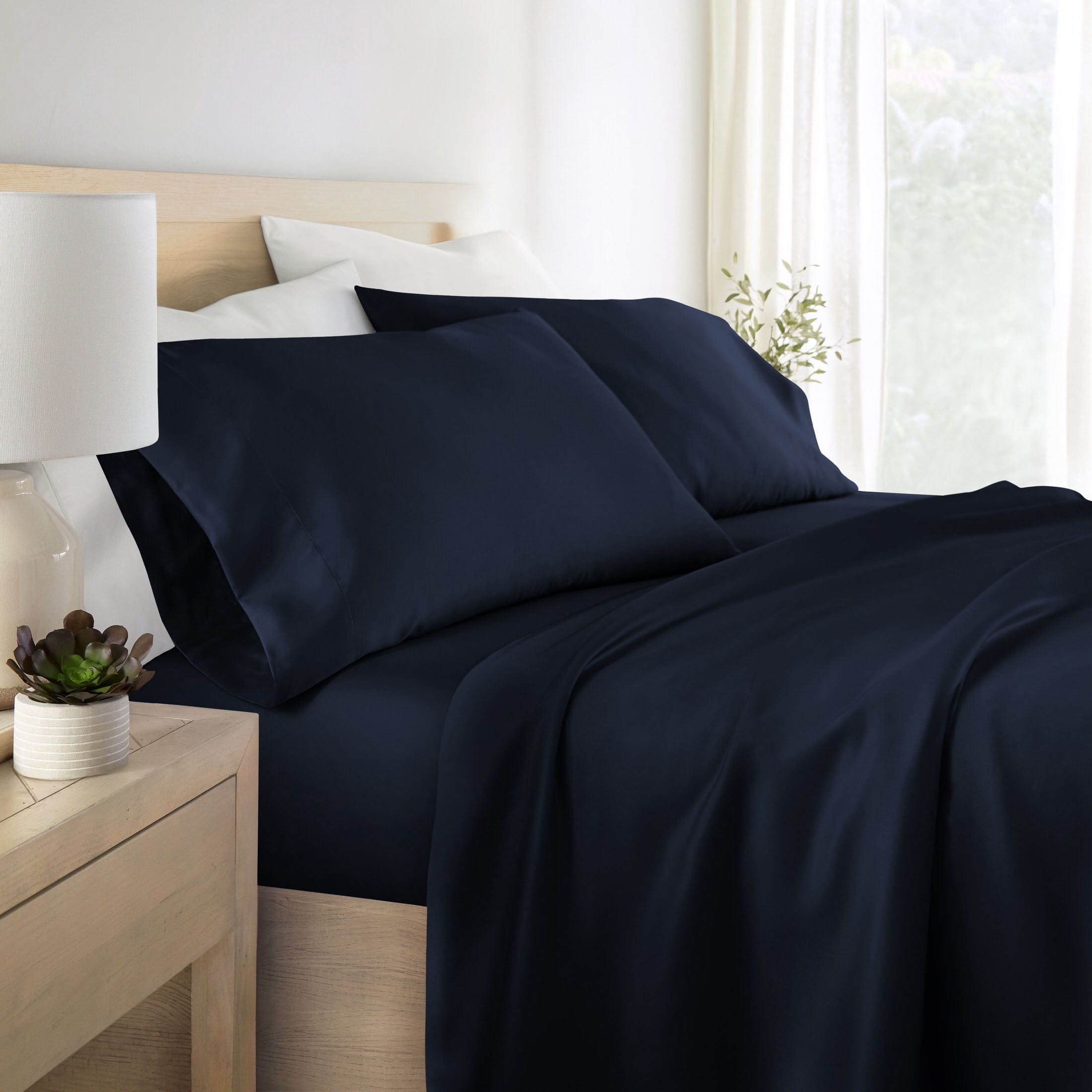 Noble Linens Rayon from Bamboo 4 Piece Luxury Bed Sheet Set, Navy, Queen