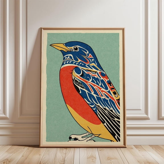 Navy Red Patterned Bird Tribal Line Art Teal Accents Nature Art Print, Unframed Paper Poster 8x10in
