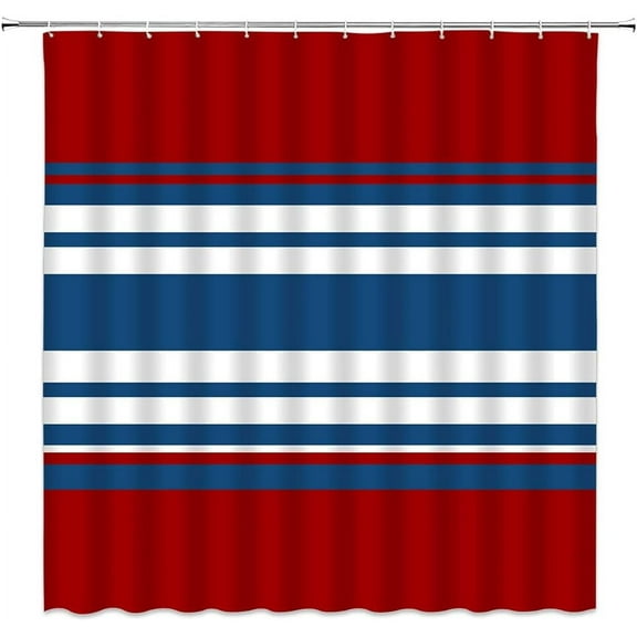 Navy Red Shower Curtain Blue and White with Red Stripes Abstract Geometric Abstraction Bandage Modern Fashion Elegant Fabric Curtain Bathroom Decor Sets with Hooks