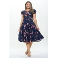 thumbnail image 1 of Navy Red Small-Medium Size Women's Short Puff Sleeve Midi Floral Cocktail Flare Tea Party, Formal and Casual Dresses, 1 of 5