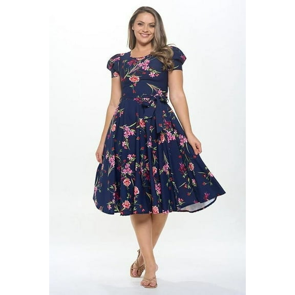 Navy Red Small-Medium Size Women's Short Puff Sleeve Midi Floral Cocktail Flare Tea Party, Formal and Casual Dresses