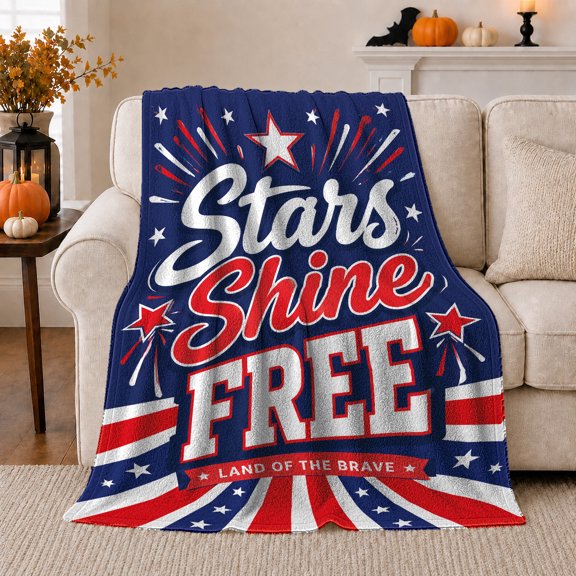 Navy Red And White Stars, Retro Star Typography Style for Red White And Blue Decor Enthusiasts, Housewarming Gift with Cozy Flannel Blanket, Home Decor for Bedroom And Living Room And Game Room