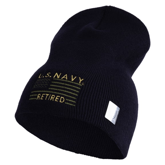Navy Retired Flag Symbol Embroidered Heavyweight Classic Knit YP Short Beanie - Navy OSFM
