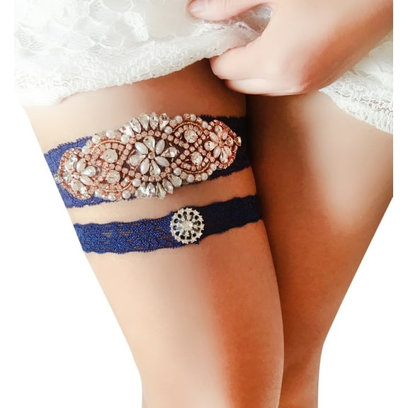 Navy Rhinestone Garters for Bride Wedding Garter Set 2Pcs Lace Bridal Garter Party Leg Thigh Garters for Women