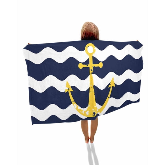 Navy Ripple Beach Towels Oversized Super Absorbent, Yellow Anchor Navy White Waves Aesthetics Lightweight Bath Towel Quick Dry Sets For Bathroom/Pool/Rv Camping/Beach Play/Gym Room/Picnic 23"x47"