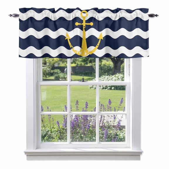Navy Ripple Kitchen Curtain Valances for Windows Farmhouse Short Curtains, Yellow Anchor Navy White Waves Aesthetics Rod Pocket Valance Curtain for Bedroom Cafe Living Room