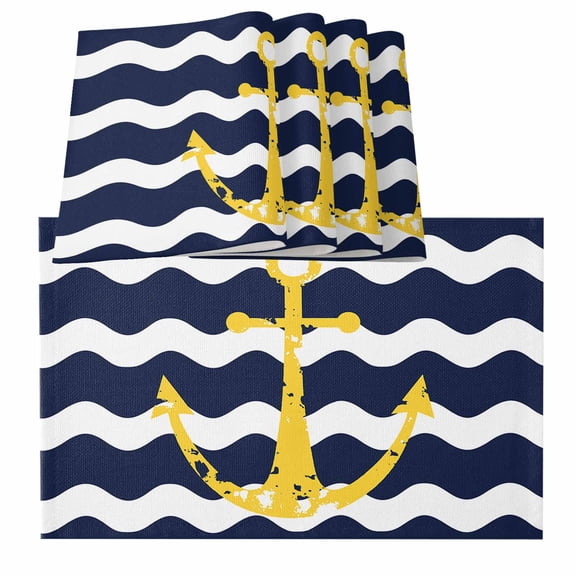 Navy Ripple Placemats for Dinning Table Set of 4, Yellow Anchor Navy White Waves Aesthetics Burlap Kitchen Place Mats Waterproof Cloth Table Mats, Indoor Outdoor Placemats Easy Clean Dinner Decor