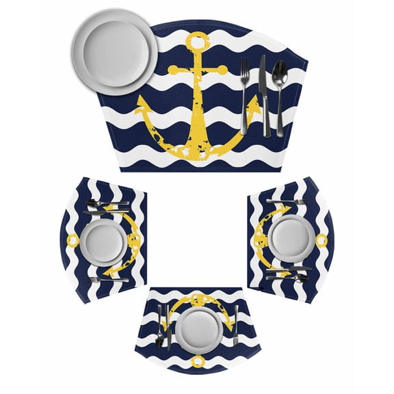 Navy Ripple Round Placemats Set of 2, Yellow Anchor Navy White Waves Aesthetics Placemats for Round Dining Table Shape Wedge Placemats for Outdoor Indoor Wipeable Clean Table Place Mats