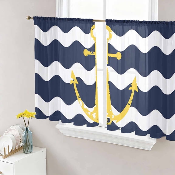 Navy Ripple Semi Sheer Curtains 54 Inch Length 2 Panels Set, Yellow Anchor Navy White Waves Aesthetics Sheer Kitchen Curtain Privacy Voile Window Curtain for Living Room Bedroom Rod Pocket Drapes