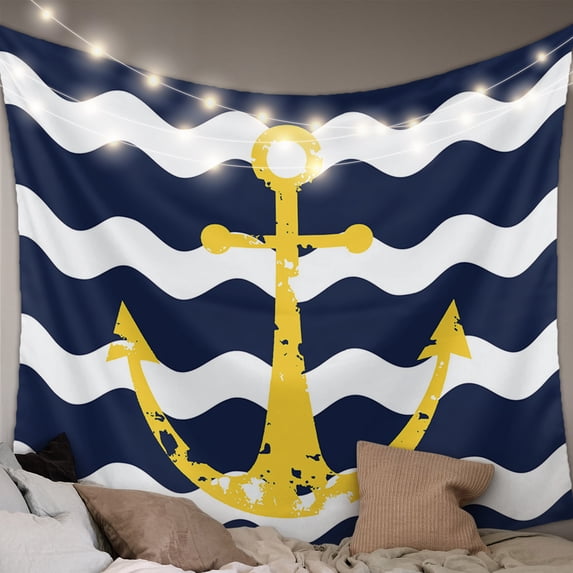 Navy Ripple Small Tapestry for Bedroom Wall Hanging Tapestry, Yellow Anchor Navy White Waves Aesthetics Ceiling Backdrop Tapestries Poster Blanket Wall Decor for Teens Room Living Room Dorm 23" x 28"