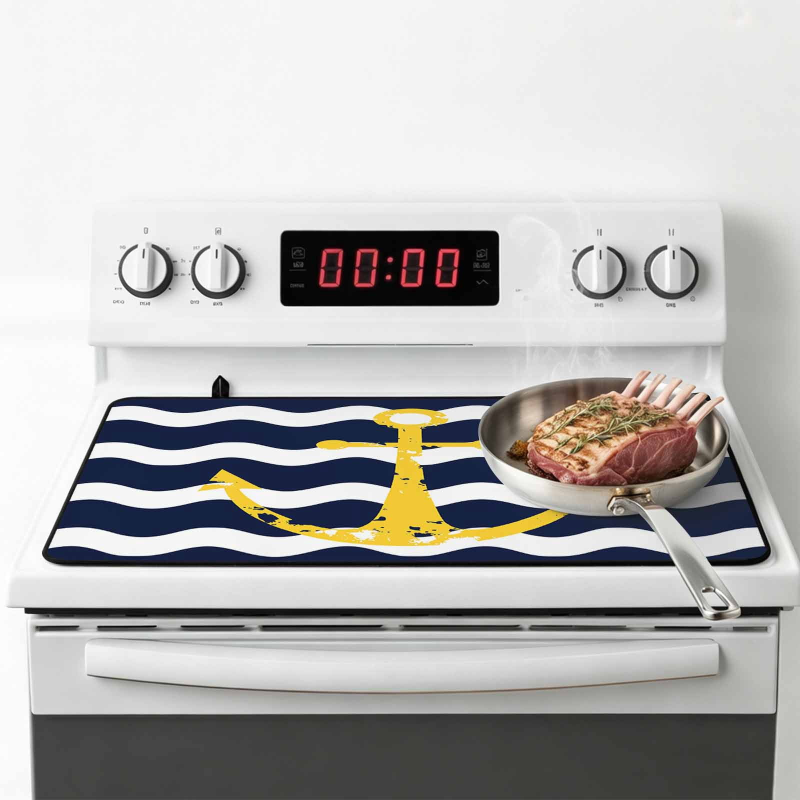 Navy Ripple Stove Top Cover for Electric Stove, Heat-proof & Non Slip Glass Top Stove Cover Protector, Yellow Anchor Navy White Waves Aesthetics Kitchen Flat Cooktop Rubber Mat 24x21 Inches