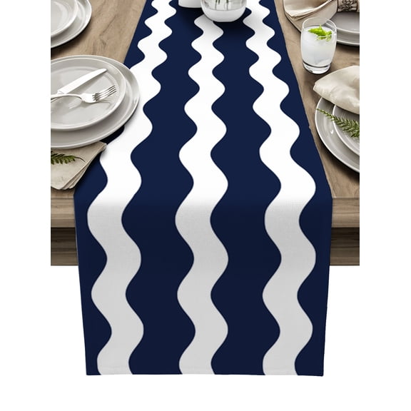 Navy Ripple Table Runner 48 Inches, Simple Navy White Waves Aesthetics Bed Runner Dresser Scarves Tabletop for Indoor Outdoor Parties/Ceremony/Banquet, 13" x 48"