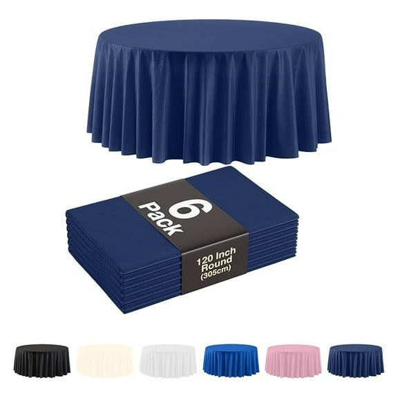 Navy Round Tablecloth 120 Inch - 6 Pack Disposable Plastic Table Covers for Parties - Birthday Decorations, Summer Events, Outdoor Picnics