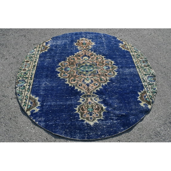 Navy Rug, Turkish Rug, 5.9x5.9 ft, Round Rug, Vintage Rug, Oushak Rug, Circle Rug, Area Rug, Organic Rug, Handmade Rug, Oriental Rug, 6175
