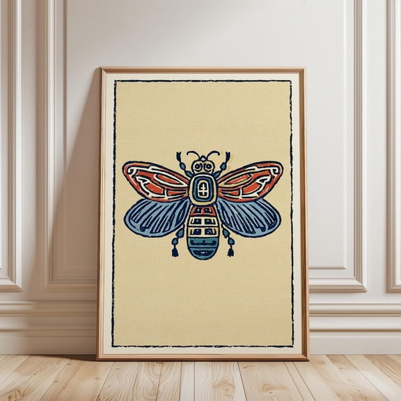 Navy Rust Patterned Bee Tribal Line Art Beige Background Insect Art Print Unframed Paper Print