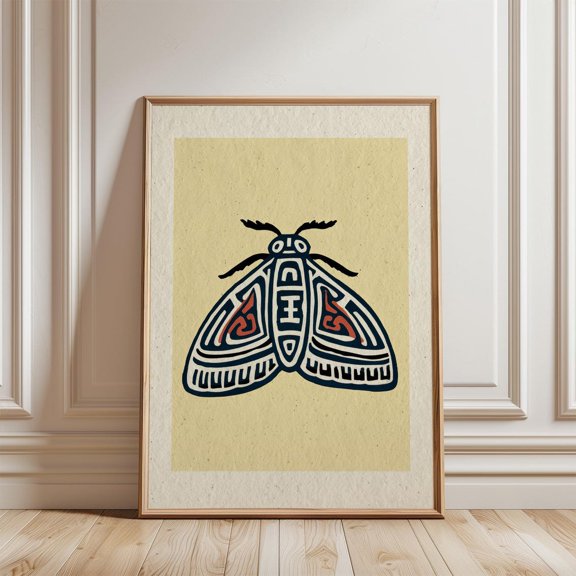 Navy Rust Patterned Moth Tribal Line Art Beige Background Insect Art Print, Unframed Canvas 8x10in