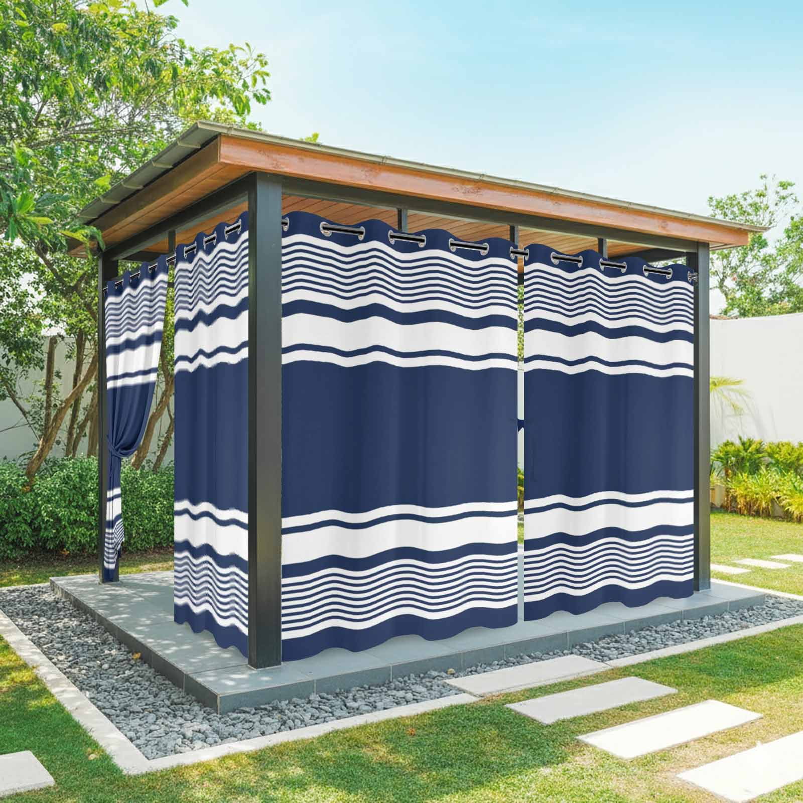 Navy Sage Striped Outdoor Curtains for Patio, Modern Classic Stripe Rustic Country Farmhouse Sunshade Privacy Drapes Grommet Waterproof Outside Curtains for Porch/Cabana/Balcony 54"x 95", 2 Panel