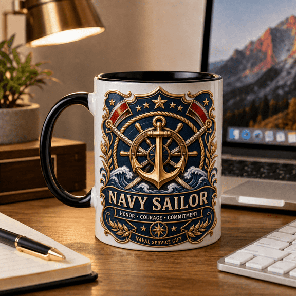 Navy Sailor Mug with Anchor Design, Naval Service Gift for Veterans & Sailors