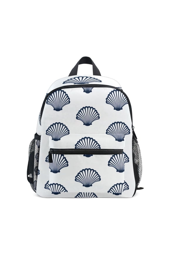 Navy Scallop Shells Pattern Mini Backpack Cute Small Backpack with Chest Strap and Whistle Ages 3-8