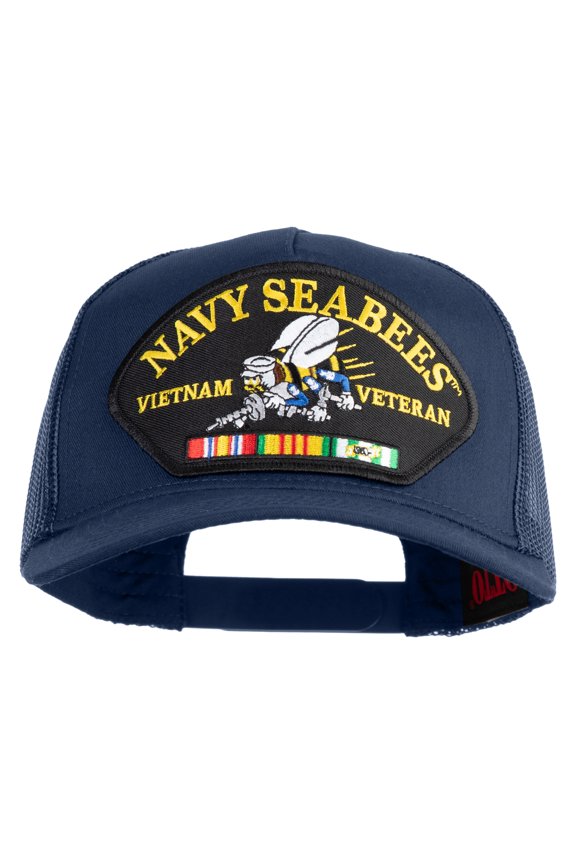 Navy Seabees Vietnam Veteran Patched Solid Cotton Twill 5 panel Mesh Back Cap - Navy OSFM