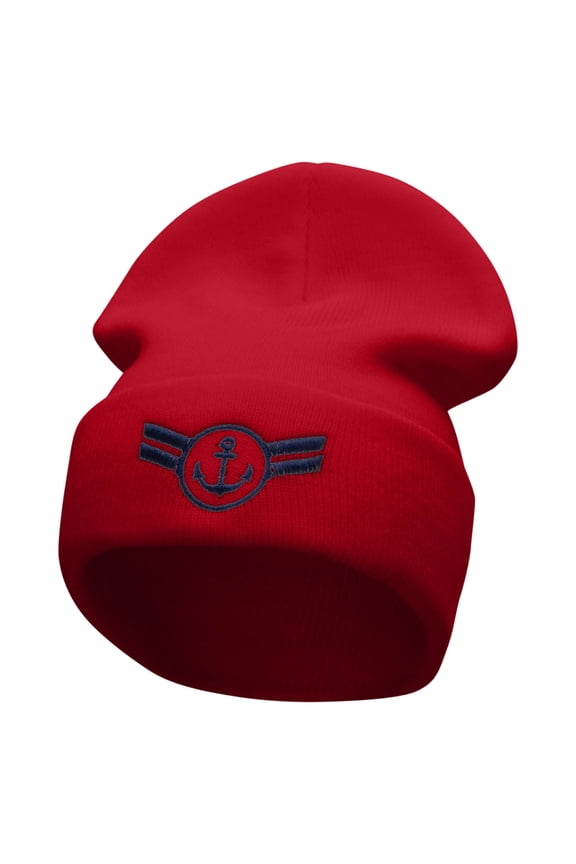 Navy Seal Badge Embroidered 12 Inch Long Knitted Beanie - Red OSFM