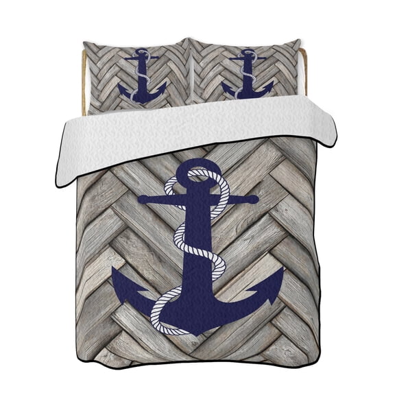 Navy Ship Anchors Quilts Bedding Set California King Retro Brown Wooden Textures Oceans Lightweight Quilted Bedspread 3 Piece Bed Quilt with 2 Pillow Shams All Season for Bedroom 96" x 106"