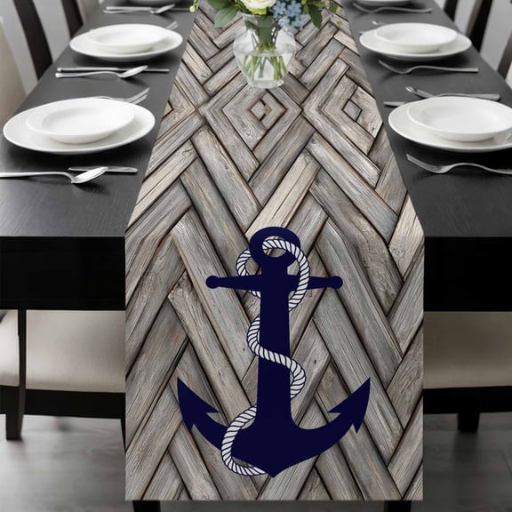 Navy Ship Anchors Table Runner, Retro Brown Wooden Textures Oceans Washable Cotton-linen Table Runners Dining Kitchen Decoration for Everyday Home Wedding Party Decor, 13 x 36 Inch