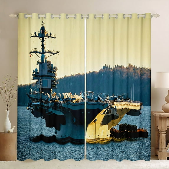 Navy Ship 30%-50% Blackout Curtains Military Theme Curtains Warship Military Combat Ship Pattern Curtains & Drapes, 3D Army Soldier Window Treatments 42Wx84L Teens Youth