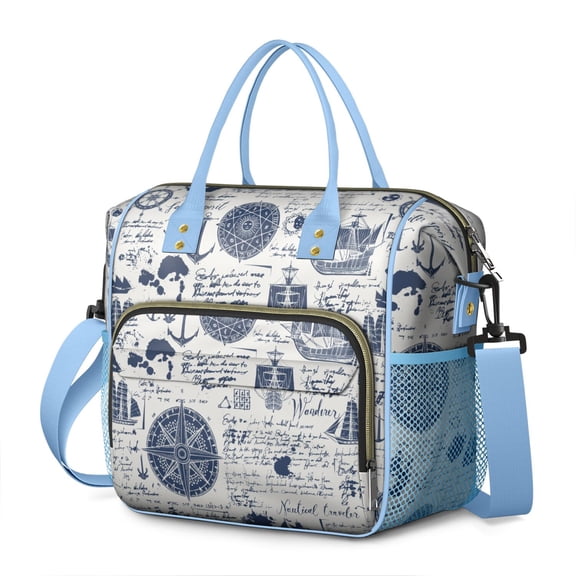 Navy Ship and Nautical Elements Lunch Bag, Large Leakproof Cooler Tote with Ocean, Coast, and Anchor Pattern for Summer Use