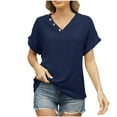 thumbnail image 1 of Navy Short Sleeve Shirts for Women Fall Summer Vneck Loose Fit Casual Ribbed Cutout Eyelet Basic Tops Blouses Shirts Women 2025 Clothing Fashion XL, 1 of 8