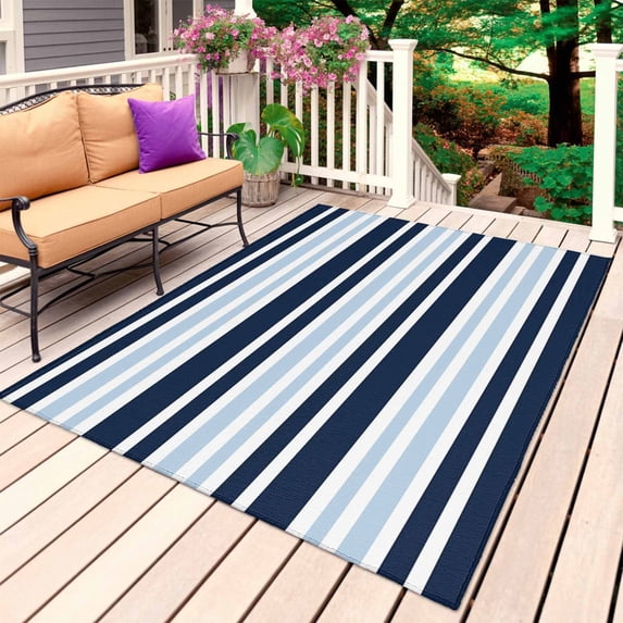 Navy Sky Blue Ombre Striped Outdoor Rug 3x5 Ft, Non Slip Washable Area Rug, Gradient Horizontal Lines Patio Rugs Carpet Runner, Large Floor Mat for Indoor/Outdoor Deck Porch Camping