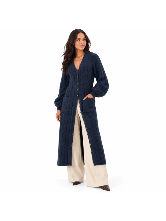 Navy Small Women Long Knit V Neck Puff Sleeve Duster Cardigan Coat