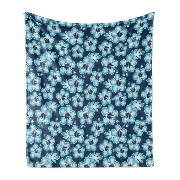 Navy Soft Flannel Fleece Blanket, Hibiscus Hawaiian Tropical Island Flowers Petals and Buds Leaves Art Print, Cozy Plush for Indoor and Outdoor Use, 50" x 60", Dark Blue and Sky Blue, by Ambesonne