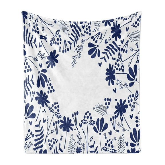 Navy Soft Flannel Fleece Throw Blanket, Botanical Beauty Flower Branches Ferns Leaves Bushes Spring Themed Illustration, Cozy Plush for Indoor and Outdoor Use, 50" x 60", Indigo White, by Ambesonne