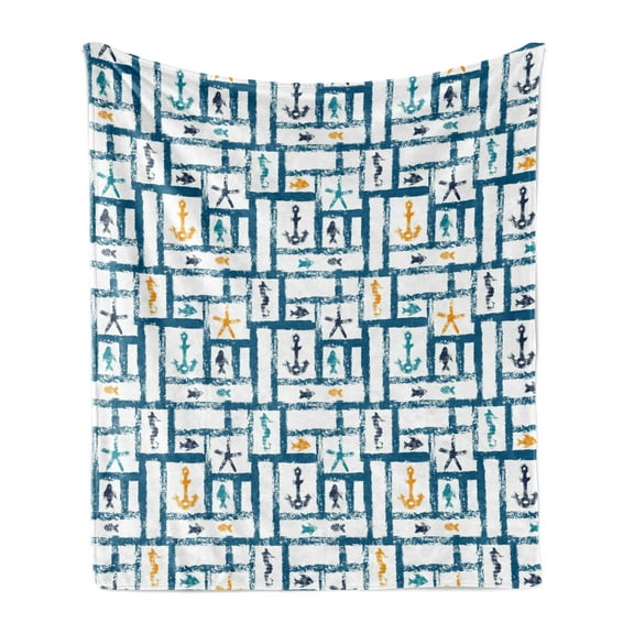 Navy Soft Flannel Fleece Throw Blanket, Marine Grunge Starfish Anchor Seahorse Underwater Marine Murky Design, Cozy Plush for Indoor and Outdoor Use, 50" x 70", Petrol Blue Marigold, by Ambesonne