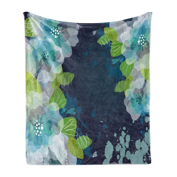 Navy Soft Flannel Fleece Throw Blanket, Sketchy Abstract Blossoms Flowers with Leaves on Grunge Backdrop, Cozy Plush for Indoor and Outdoor Use, 50" x 60", Pale Green Navy Blue, by Ambesonne