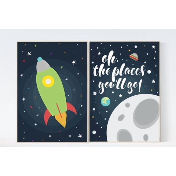 Navy Space Nursery Poster Outer Space Moon Print With Quote Oh The Places You'll Go Baby Boy Room And Playroom Decoration Set 2