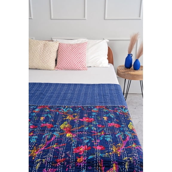 Navy Sparrow Cotton Queen Kantha Quilt