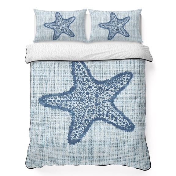 Navy Starfish Queen Quilt Bedding Set, Marine Life Ocean Linen Texture Modern Coastal Lightweight Comforter with 2 Pillow Shams Bedroom Bedspread Set Home Decor for All Seasons