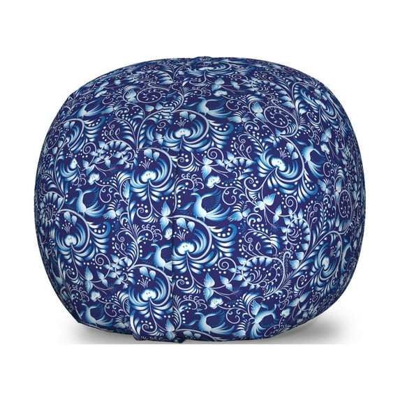 Navy Storage Toy Bag Chair, Folk Chinese Design Inspired Floral Swirls Classic Image, Stuffed Animal Organizer Washable Bag, Large Size, Royal and Sky Blue, by Ambesonne