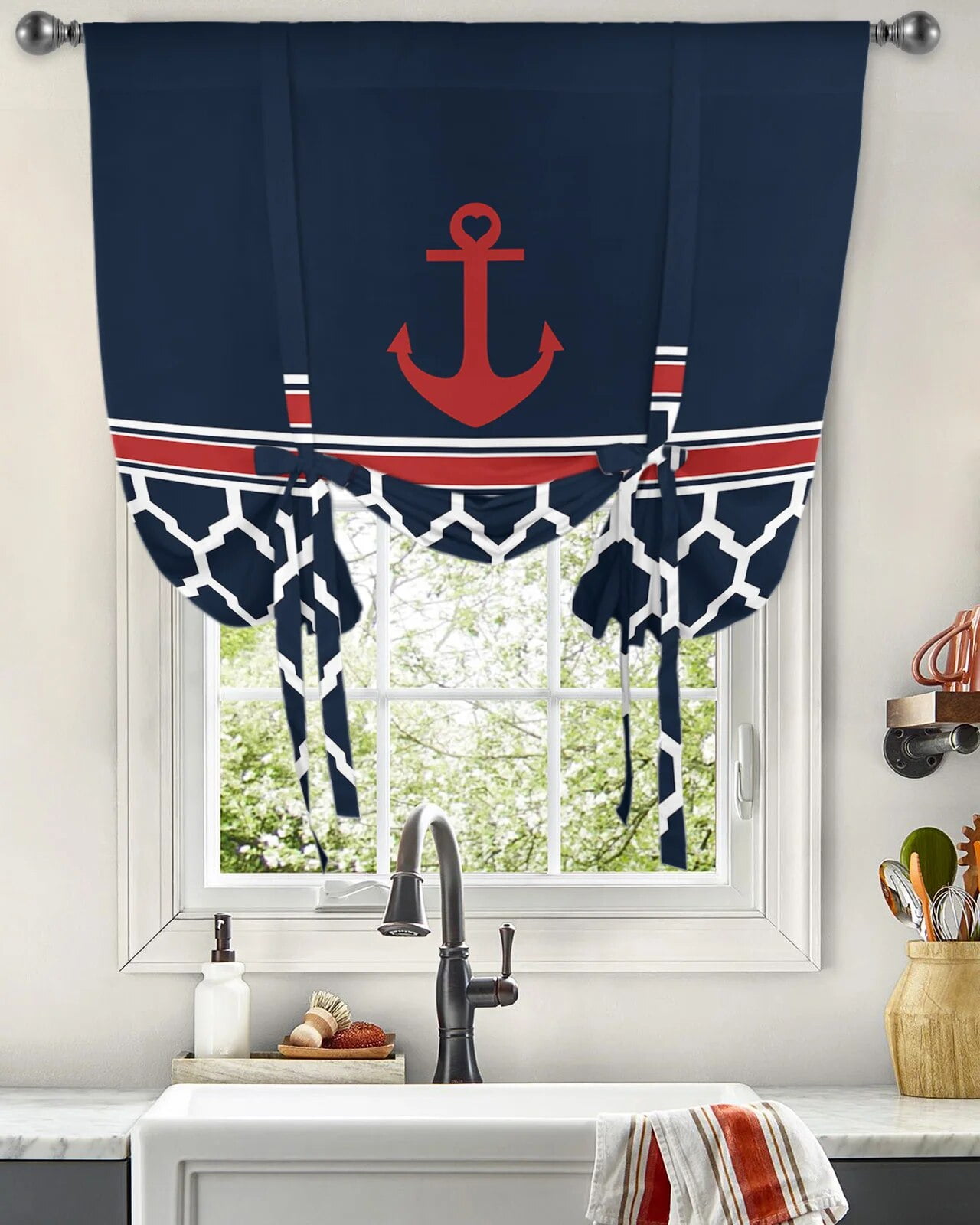 Navy Striped Anchor Window Curtain for Living Room Bedroom Balcony Cafe
