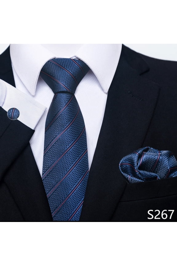 Navy Striped Necktie for Men, Woven Polyester Silk Tie with Red Accents - Business & Wedding Formal Accessory (1 Piece)
