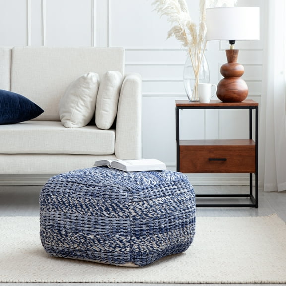Navy Stripes 22" x 22" x 16" Navy & Ivory Pouf