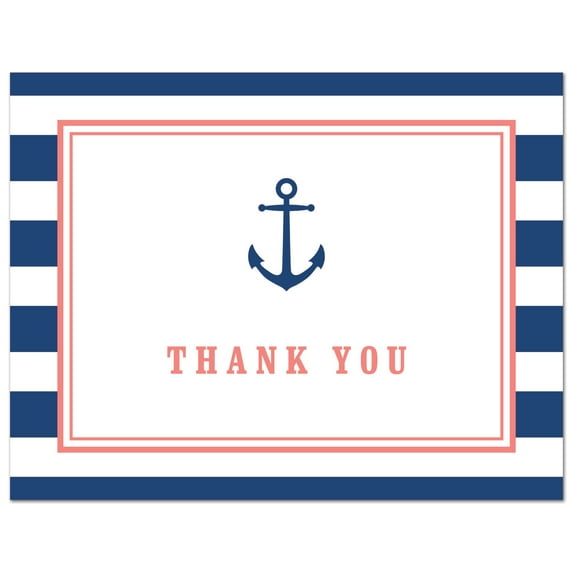 Navy Stripes Anchor Coral Nautical Thank You Cards and Envelopes - 50 count